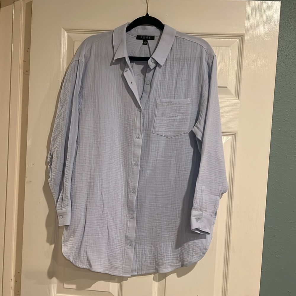 Fore Light Blue Cotton Gauze Button Up Long Sleeve Shirt Dress Swim Cover Up New